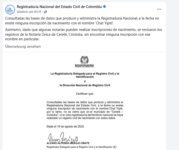 Dokument des Registraduría Nacional del Estado Civil de Colombias
