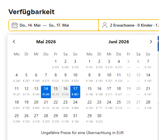 Screenshot der Preise pro Nacht für ein Appartement