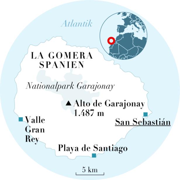 Eine Karte von La Gomera, Spanien, mit hervorgehobenen Städten und dem Nationalpark Garajonay.