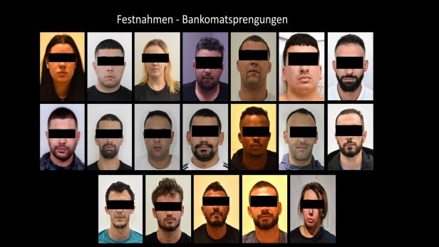 Eine Zusammenstellung von Porträts von Personen mit geschwärzten Augen, überschrieben mit „Festnahmen – Bankomatsprengungen“.