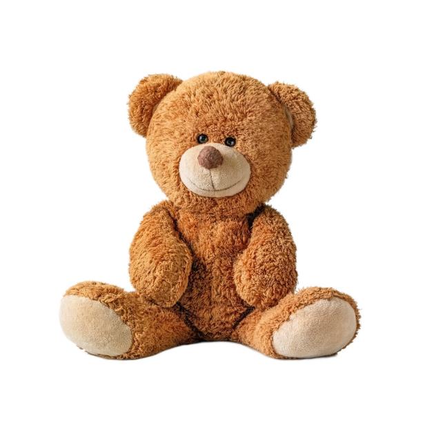 Ein niedlicher Teddybär sitzt isoliert vor einem weißen Hintergrund.