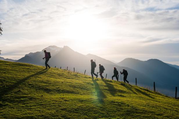 Wanderer gehen einen Hügel hinauf, über Almwiesen, Berge im Hintergrund.