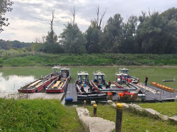 Mehrere Feuerwehrboote liegen an einem Flussufer vor Bäumen.