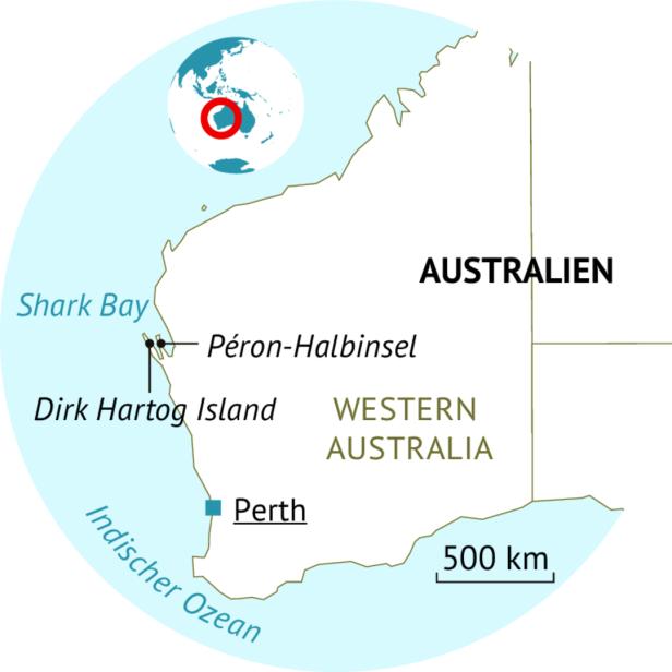 Eine Karte von Westaustralien mit der Shark Bay, der Péron-Halbinsel und Perth.
