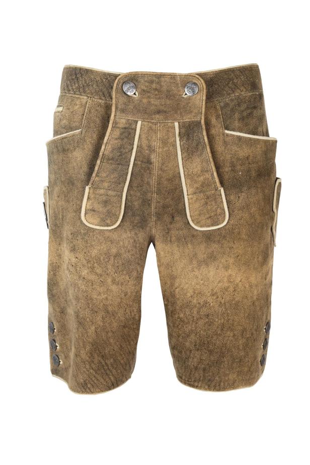 Eine kurze, braune Lederhose der Marke Rettl 1848 vor einem weißen Hintergrund.