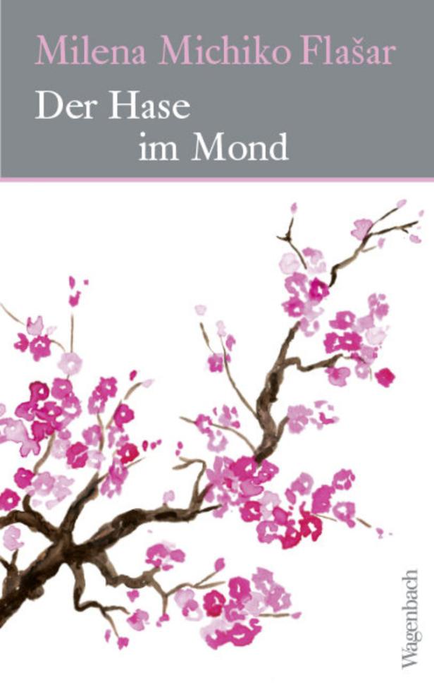 Das Buch „Der Hase im Mond“ von Milena Michiko Flašar mit Kirschblüten-Illustration.
