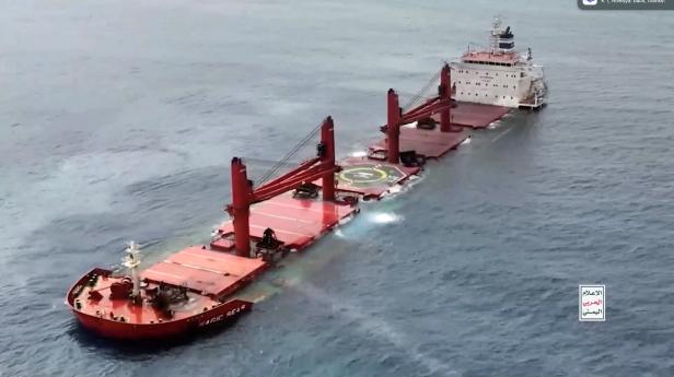 A view shows the sinking of what is said to be the Liberia-flagged, Greek-operated bulk carrier, MV Magic Seas that was, according to Yemens Houthis, attacked following an alleged exchange with the captain, off southwest Yemen A view shows the sinking of what is said to be the Liberia-flagged, Greek-operated bulk carrier, MV Magic Seas that was, according to Yemens Houthis, attacked following an alleged exchange with the captain, off southwest Yemen