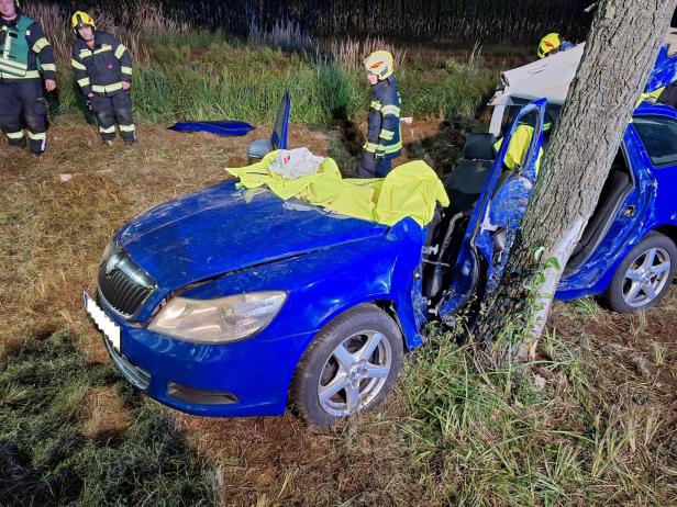 Unfallfahrzeug und Einsatzkräfte bei der Bergung