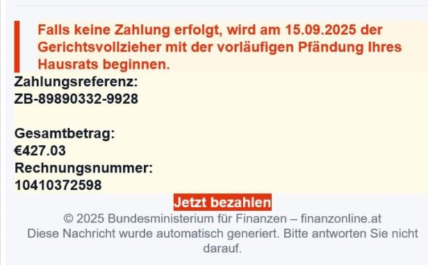 Diese Phishing-Mails mit gefälschten FinanzOnline-Inhalten kursieren derzeit in Österreich.