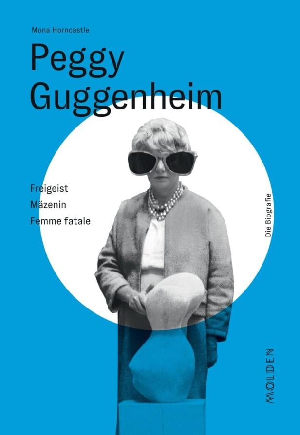 In blau gehaltenes Buchcover auf dem Peggy Guggenheim mit riesiger Sonnenbrille zu sehen ist