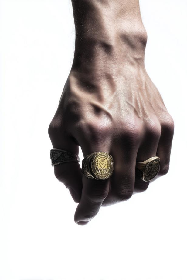 Hand mit goldenem Siegelring.