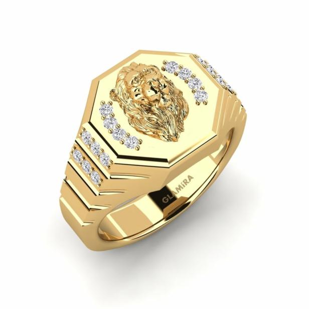 Ein goldener Siegelring mit einem Löwenkopf und Diamanten verziert.