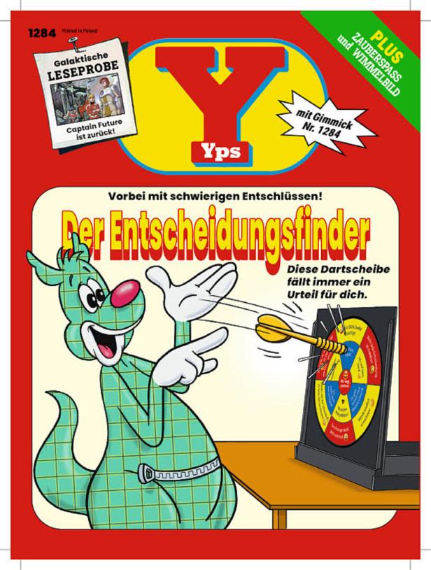 Das Cover des Yps-Hefts zeigt den „Entscheidungsfinder“ mit Dartscheibe.