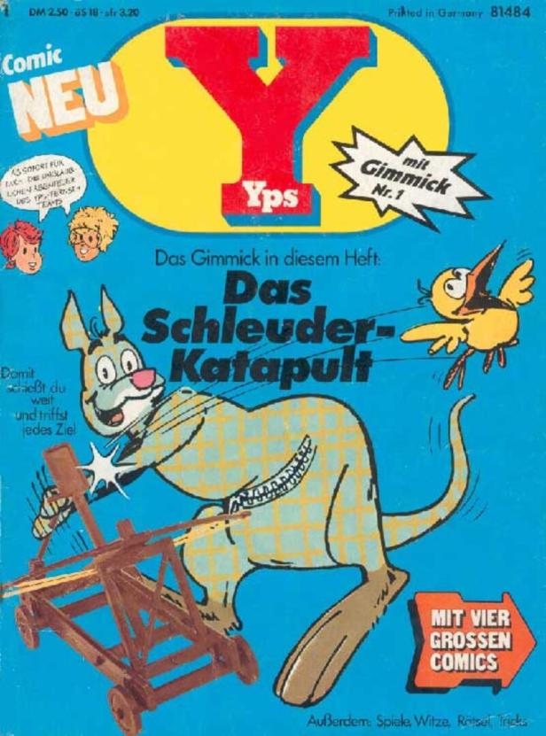 Das Cover des Yps Comic-Hefts zeigt ein Känguru mit einem Schleuder-Katapult.