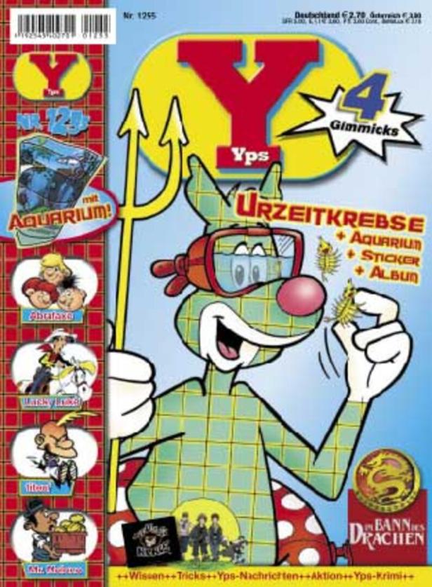 Das Cover des Yps-Magazins mit einem Comic-Tier, das Urzeitkrebse hält.