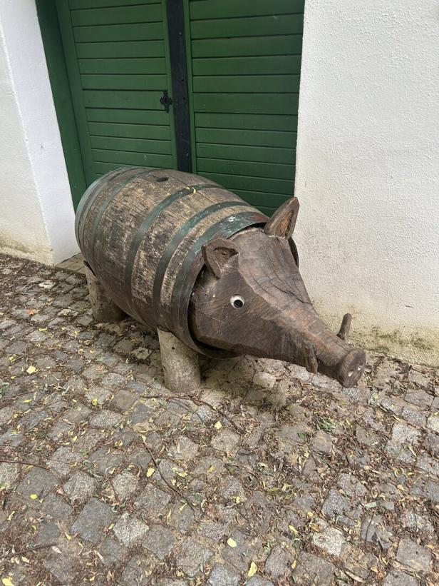 Ein hölzernes Schwein, gemacht aus einem Weinfass, steht vor einer Kellertür in Poysdorf.