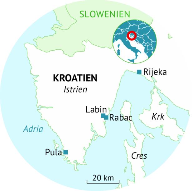 Eine Karte von Istrien, Kroatien, mit den Städten Pula, Rijeka, Labin und Rabac.