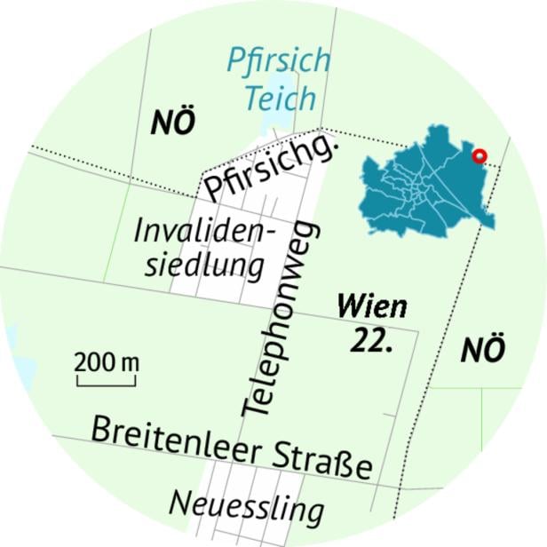 Ein Kartenausschnitt zeigt Wien 22., die Invalidensiedlung, den Telephonweg und die Breitenleer Straße.