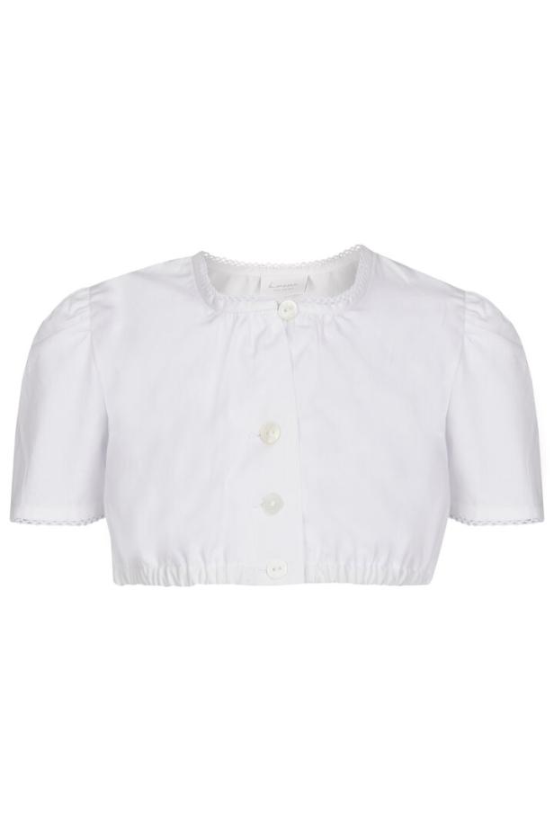 Eine weiße Bluse mit Puffärmeln und Spitzenbesatz wird gezeigt.