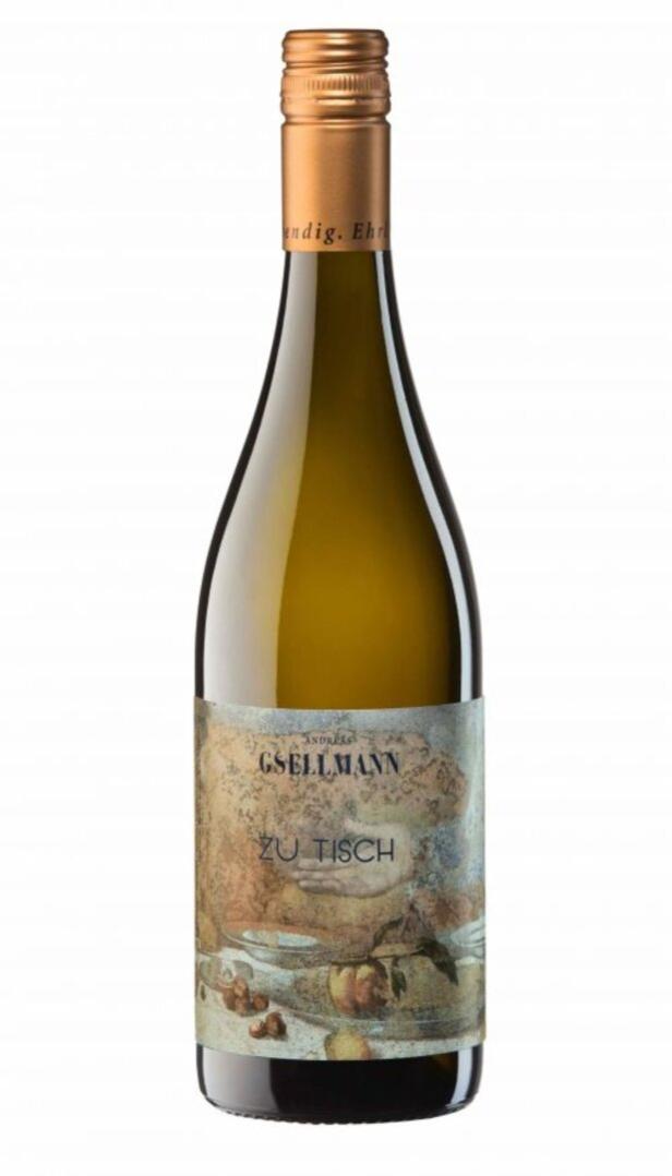 Eine Flasche Weißwein von Andreas Gsellmann, Edition „Zu Tisch“.
