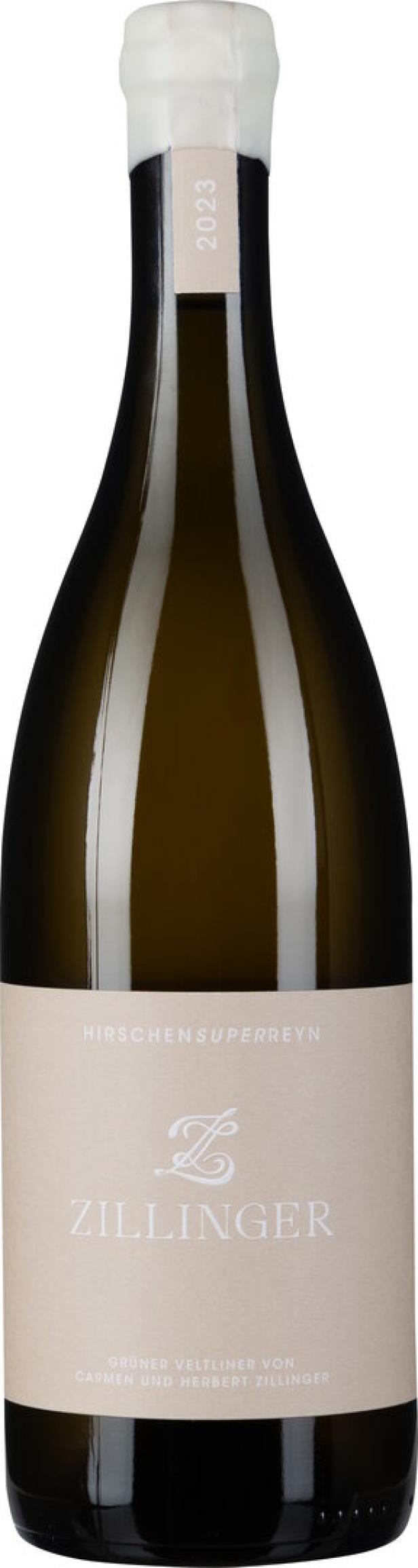 Eine Flasche Grüner Veltliner „Hirschen Superreyn“ vom Weingut Zillinger, Jahrgang 2023.