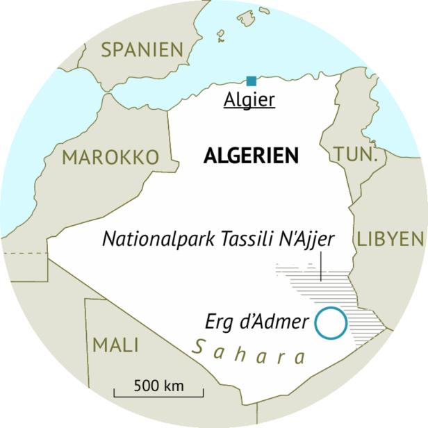 Eine Karte von Algerien mit Hervorhebung des Nationalparks Tassili N'Ajjer und Erg d'Admer.