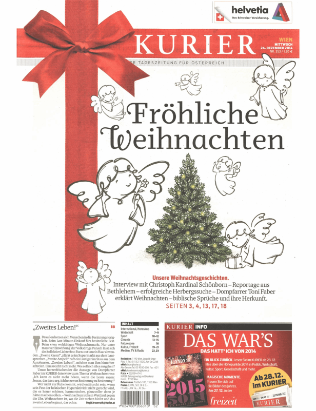 Titelseite des Kurier vom 24. Dezember 2014 mit der Überschrift „Fröhliche Weihnachten“ und weihnachtlichen Illustrationen.