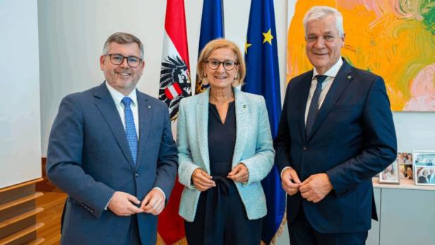 LHStv. Stephan Pernkopf, Landeshauptfrau Johanna Mikl-Leitner und Landesrat Ludwig Schleritzko posieren vor Flaggen.