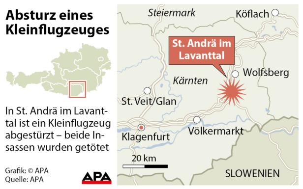 Eine Karte zeigt die Lage von St. Andrä im Lavanttal, wo ein Kleinflugzeug abgestürzt ist.