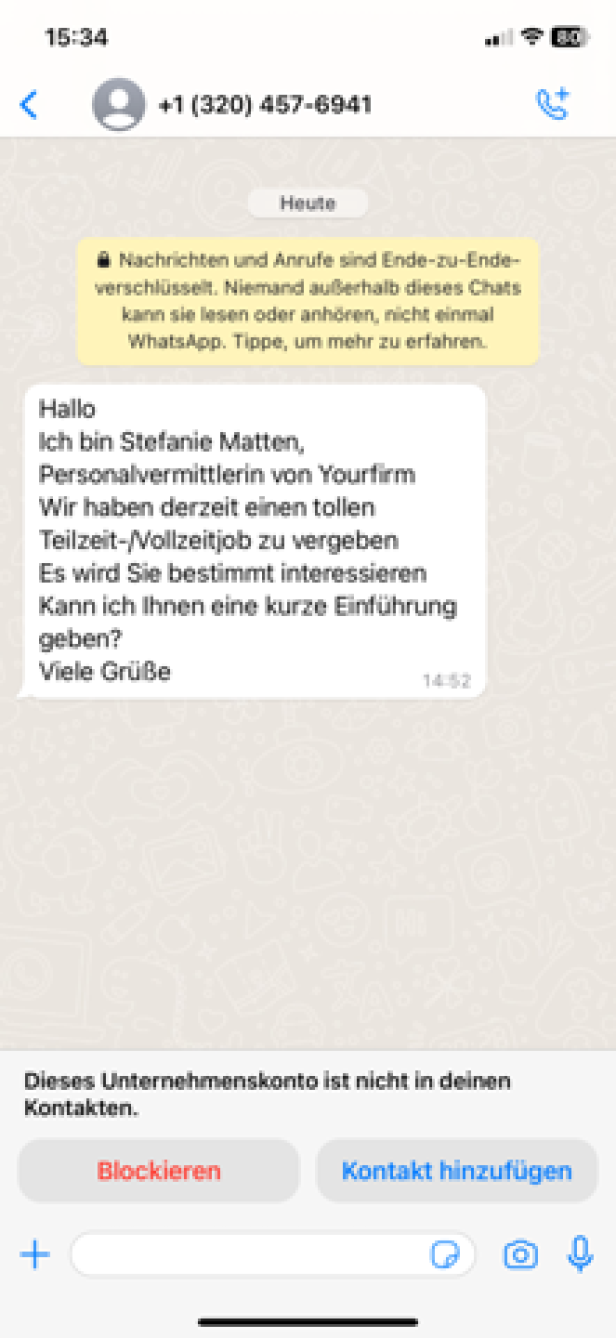 Gefährliche Betrugsmasche auf WhatsApp: Vermeintliche Headhunter wollen an sensible Daten gelangen. Ein Text eines Betrüger auf WhatsApp.