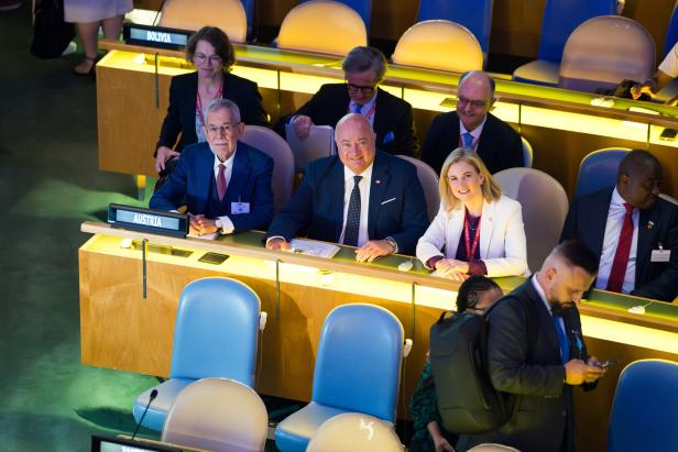Delegierte, darunter Alexander Van der Bellen, sitzen bei einer UN-Versammlung hinter Tischen mit Länderschildern.