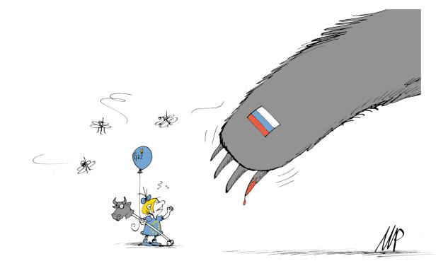 Eine Karikatur zeigt ein Mädchen mit EU-Kleid, das einer russischen Bärenklaue gegenübersteht.