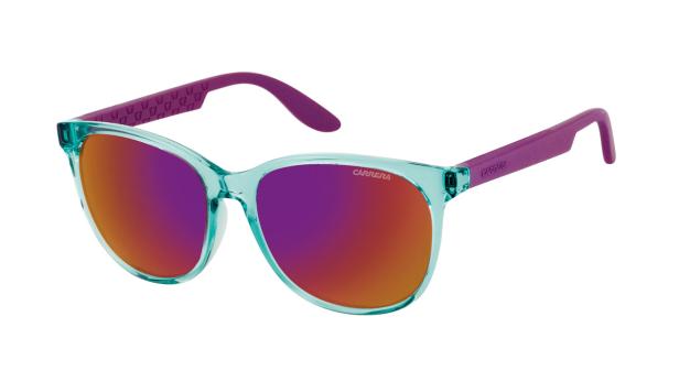 Eine türkisfarbene Carrera-Sonnenbrille mit violetten Bügeln und verspiegelten Gläsern.