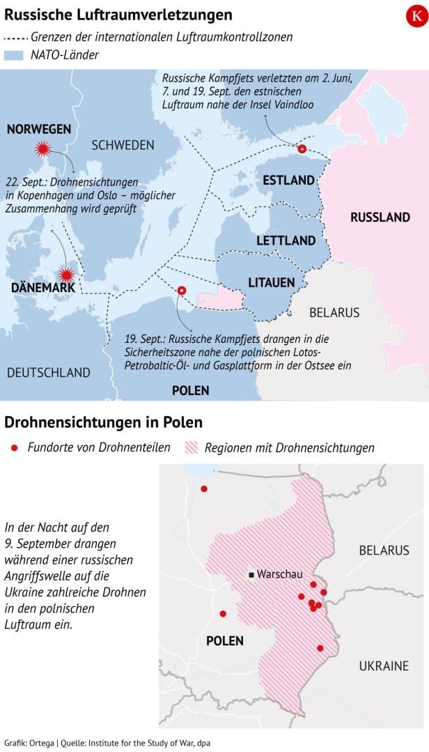 Eine Infografik über russische Luftraumverletzungen und Drohnensichtungen in Polen. Eine Infografik über russische Luftraumverletzungen und Drohnensichtungen in Polen.
