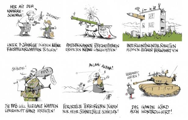 Eine Karikatur mit satirischen Kommentaren zu Waffen und Terrorismus.