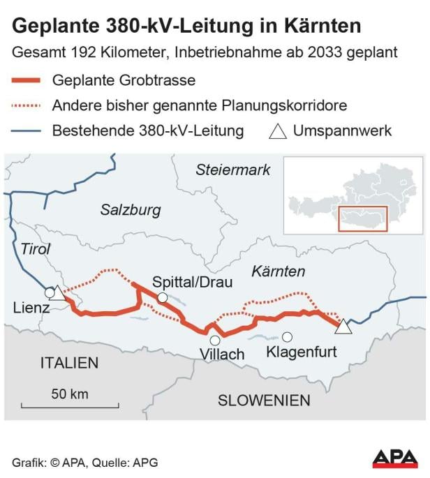 Verlauf der neuen Starkstromleitung durch Kärnten. Verlauf der neuen Starkstromleitung durch Kärnten.