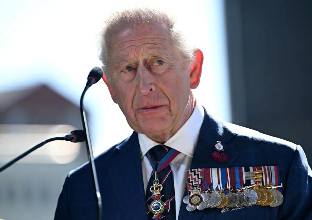 König Charles König Charles III. spricht am Mikrofon und trägt einen dunklen Anzug mit Orden.