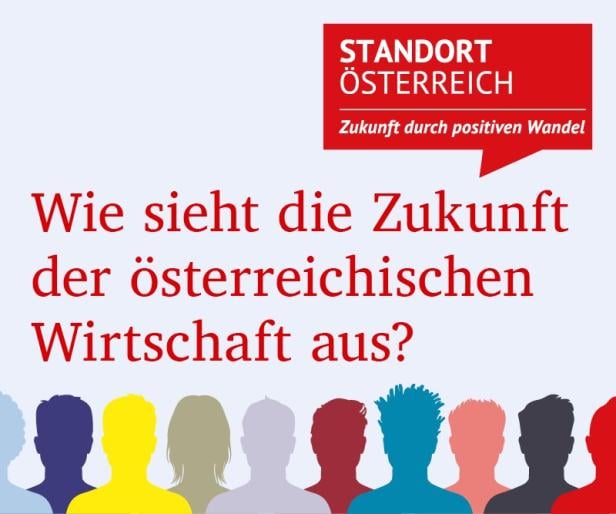 Standort Österreich Banner mobil Illustration mit bunten Figuren und Beschriftung: Standort Österreich: Wie sieht die Zukunft der Österreichischen Wirtschaft aus?