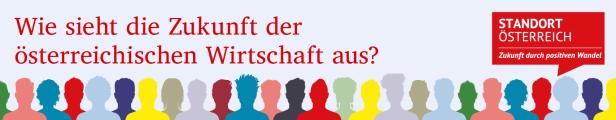 Illustration mit bunten Figuren und Beschriftung: Standort Österreich: Wie sieht die Zukunft der Österreichischen Wirtschaft aus? 