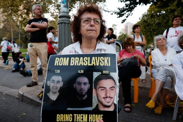 Families and supporters of hostages protest near the U.S. consulate in Jerusalem