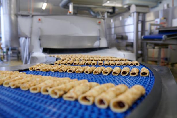 Weinbergmaier Produktion Auf einem blauen Förderband liegen viele gefüllte Palatschinken vor einer großen Maschine.