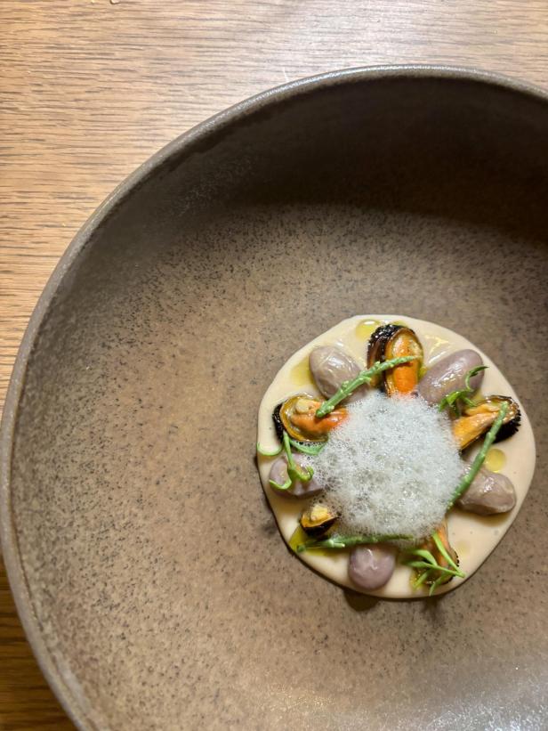 Schwarzer Teller mit kleiner Portion Muscheln mit Bohnen und Schaum.