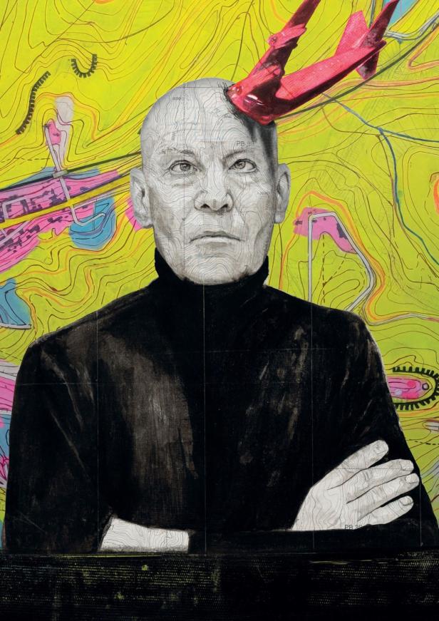 Eine Schwarz-/Weiß-Grafik von einem älteren Mann mit Glatze vor einem bunten Hintergrund.