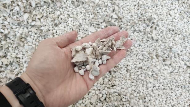 Eines der Endprodukte beim Gips-Recycling: Grobkörniges Rezyklat aus Gips und Kartonresten. Eines der Endprodukte beim Gips-Recycling: Grobkörniges Rezyklat aus Gips und Kartonresten.