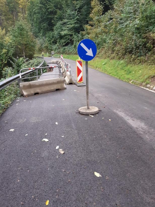 Eine schmale Straße im Wald ist wegen einer Baustelle teilweise gesperrt, mit Umleitung nach rechts gekennzeichnet.