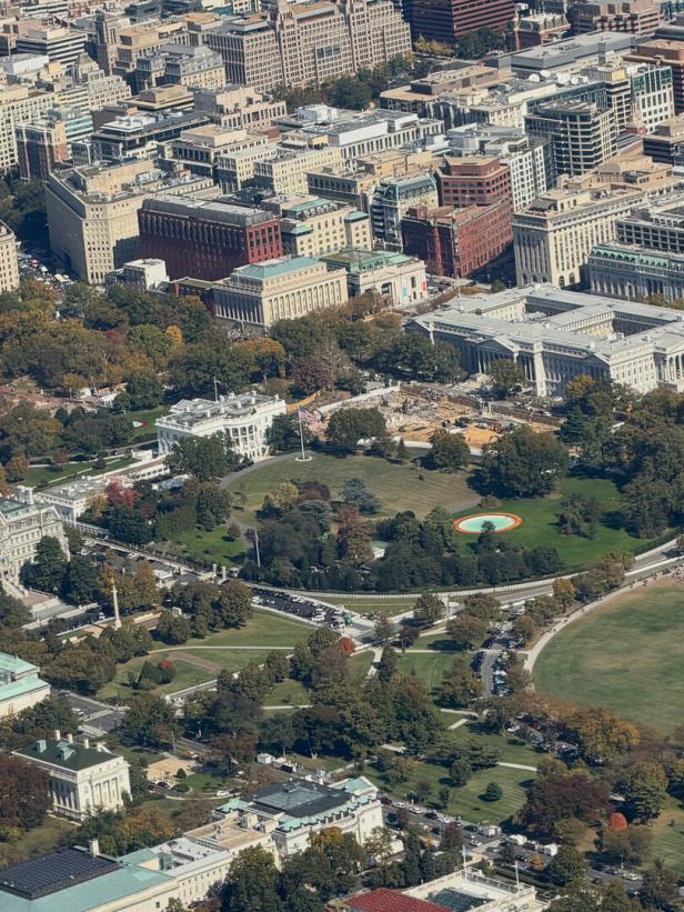 An aerial view shows the Demolition of the East Wing of the White House