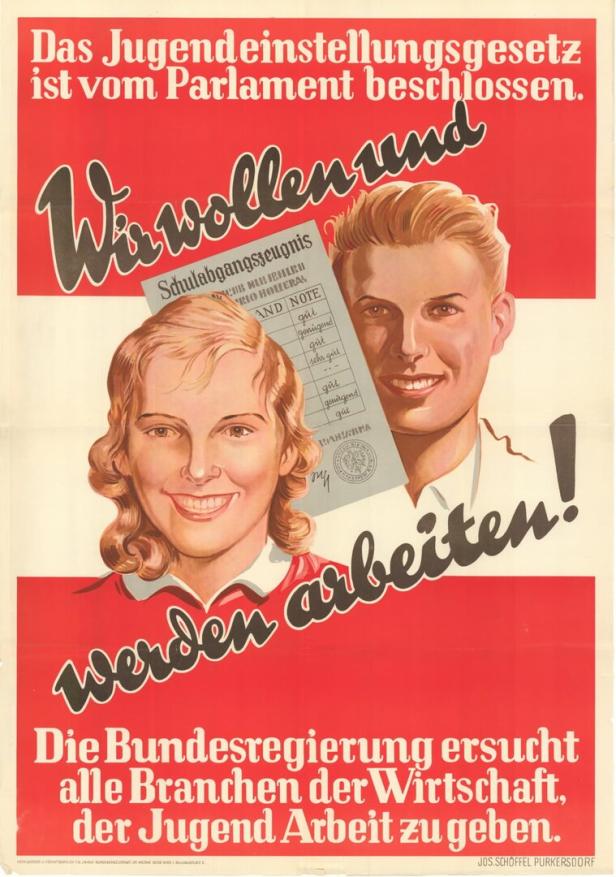 Eine junge Frau und ein junger Mann auf rot-weiß-rotem Plakat