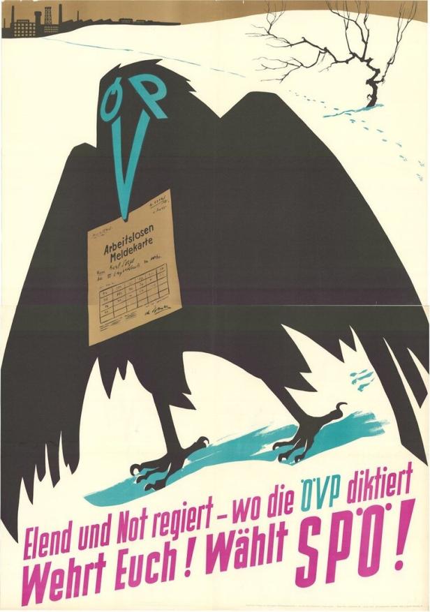 Wahlplakat der SPÖ aus 1953 mit Raben im Mittelpunkt