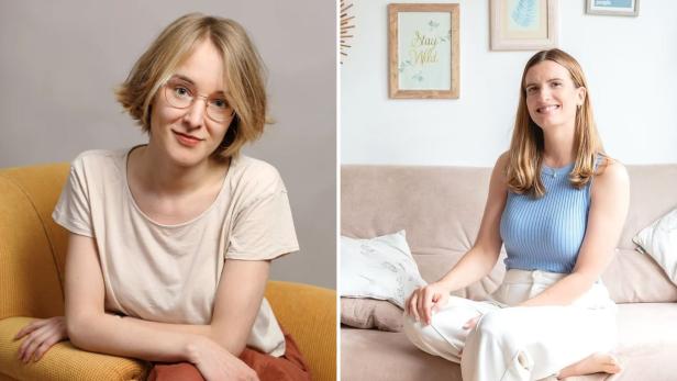 Coachin Lisa Eckhardt und Psychotherapeutin Susanne Hintringer (li.)  Zwei Bilder: Links sitzt Psychotherapeutin Susanne Hintringer auf einem gelben Couchsessel. Rechts sitzt Karrierecoachin Lisa Eckhardt - ebenfalls auf einem Sofa