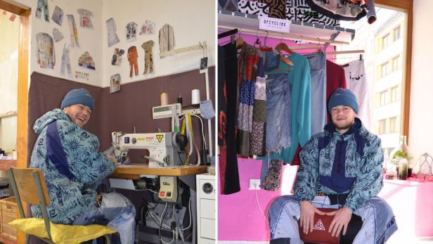 Künstler Johannes Banner im Atelier Herr Klotz Zwei Bilder von Künstler Johannes Banner: Links arbeitet er mit einer Nähmaschine, rechts sitzt er vor seinen "Upcycling"-Outifts im Herr Klotz Atelier